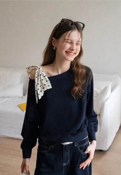 Womens Tie-Front Loose One-Shoulder Sweatshirt