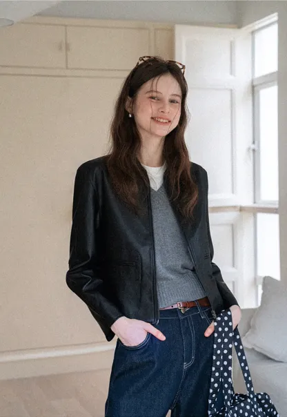 Women Faux Leather Zip-Up Jacket