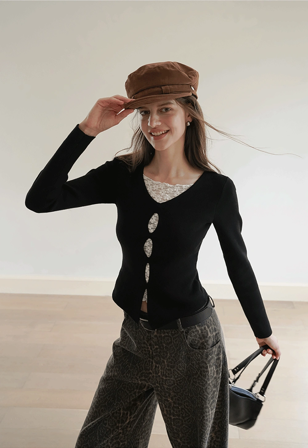 Black Long Sleeve V-Neck Cardigan with Lace Deta