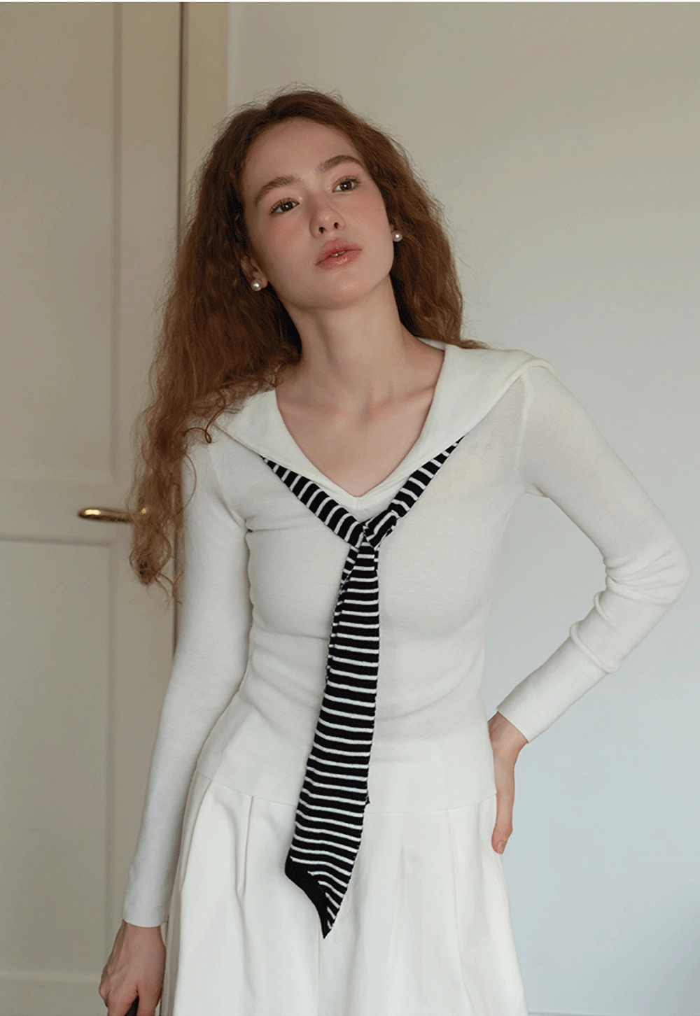 Womens Sailor Collar Long Sleeve Knit Top with Tie