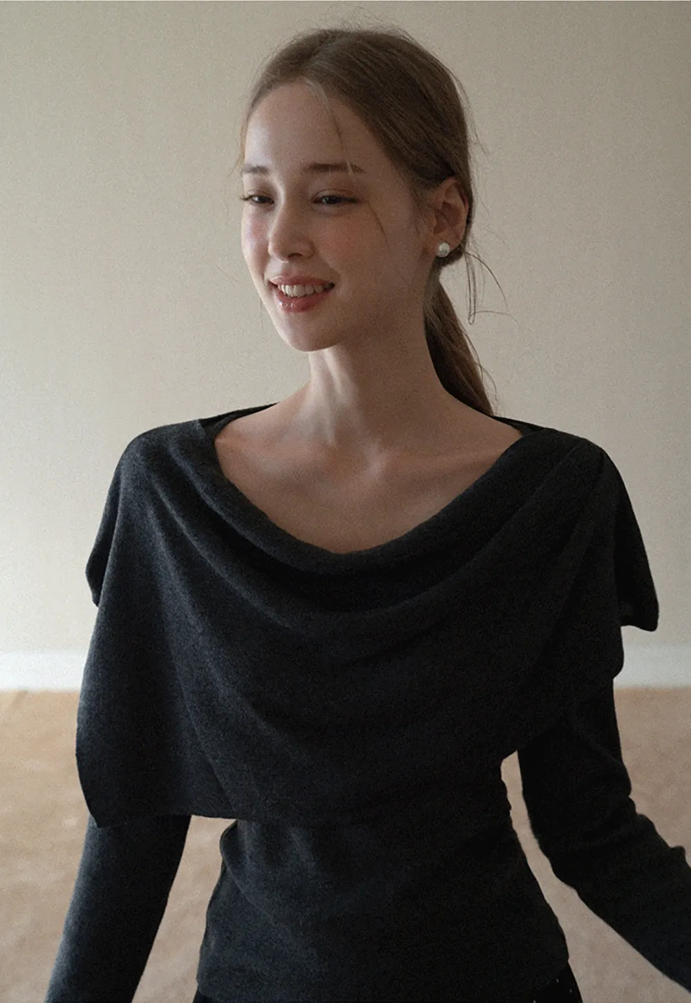 Womens Draped Cowl Neck Knit Top