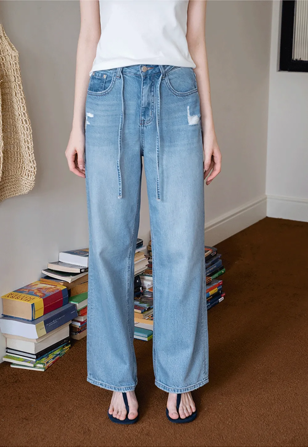 Wide Leg Distressed Denim Jeans