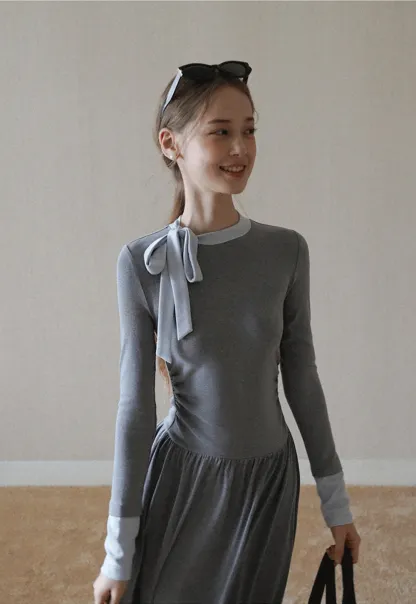 elegant grey long sleeve casual a-line dress