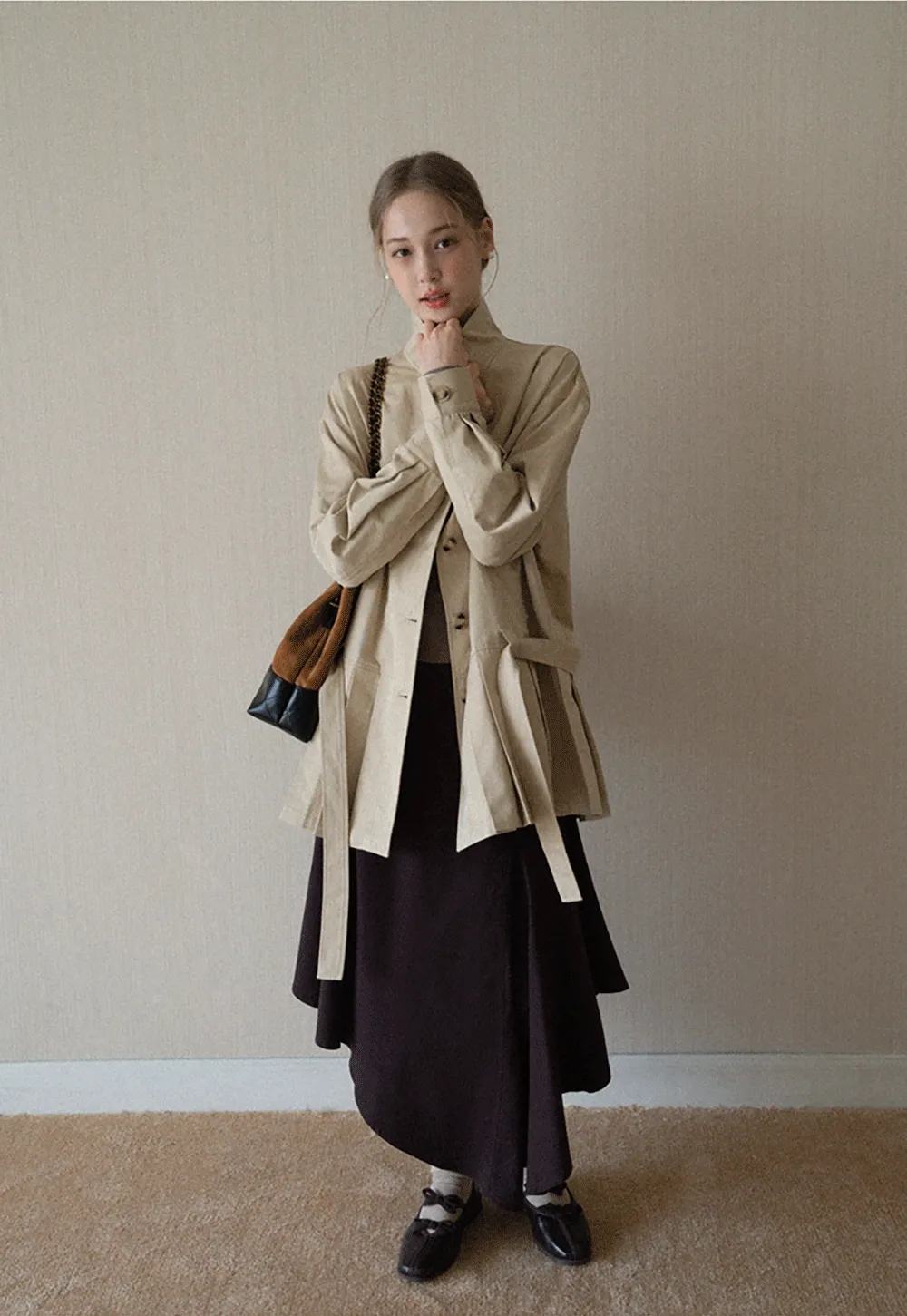 Womens Khaki High Neck Pleated Hem Trench Coat