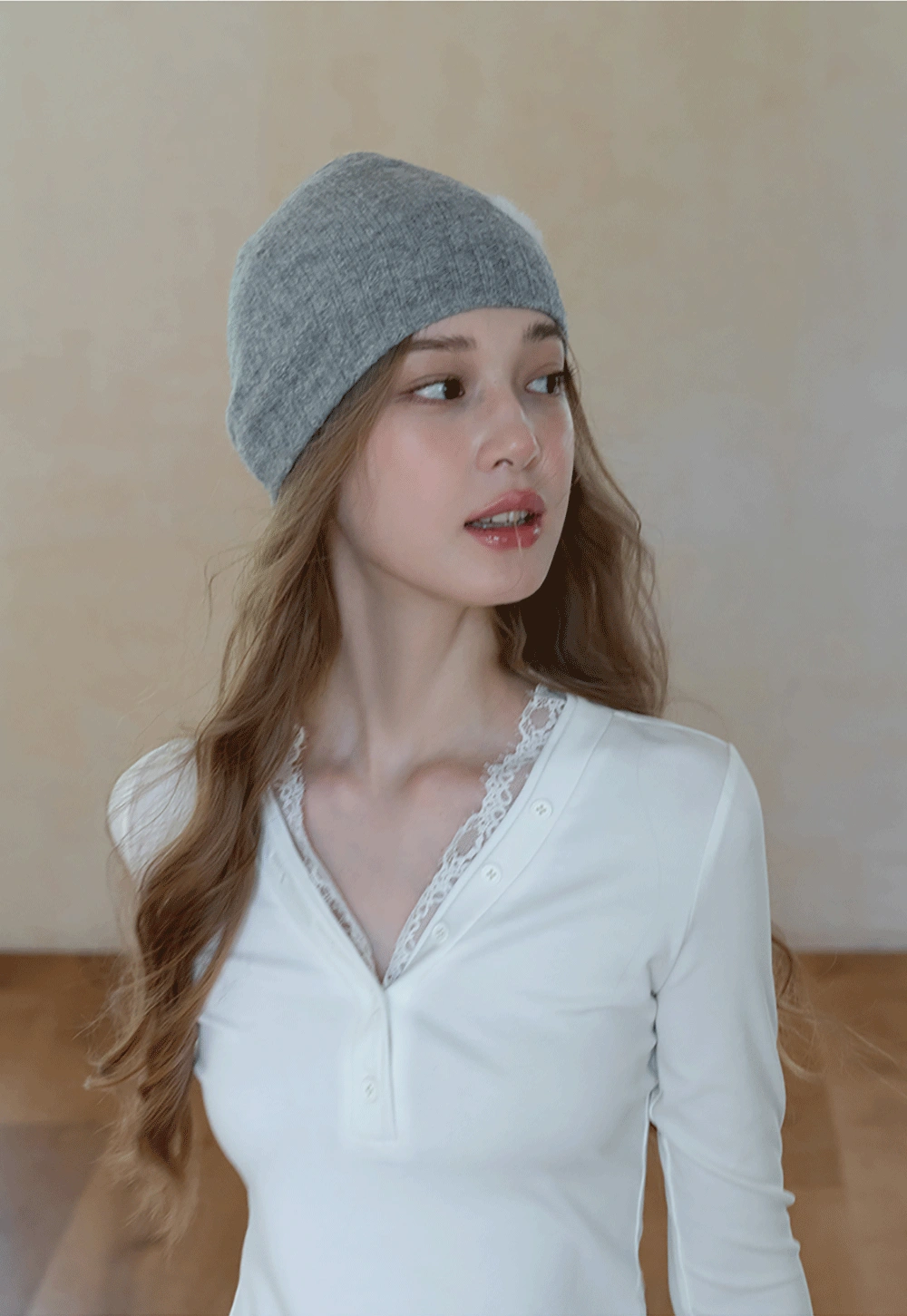 Womens White Lace Trim V Neck Long Sleeve Henley Top