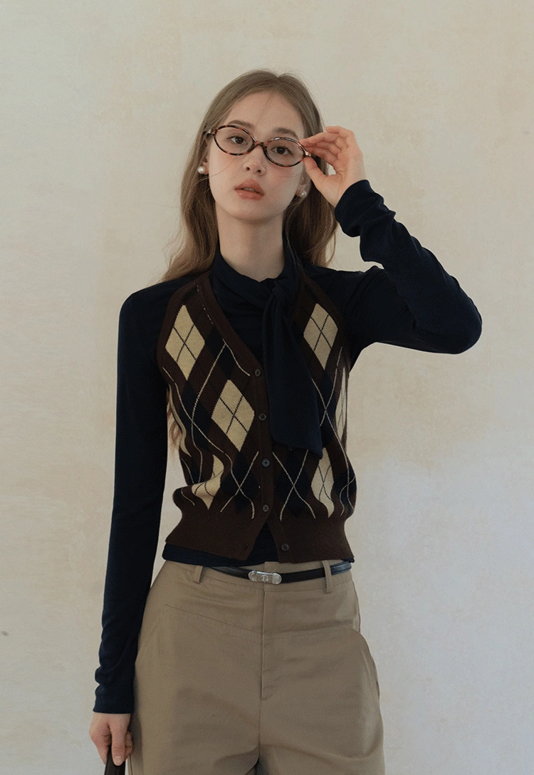 Womens Argyle Knit Button Down Cardigan Sweater