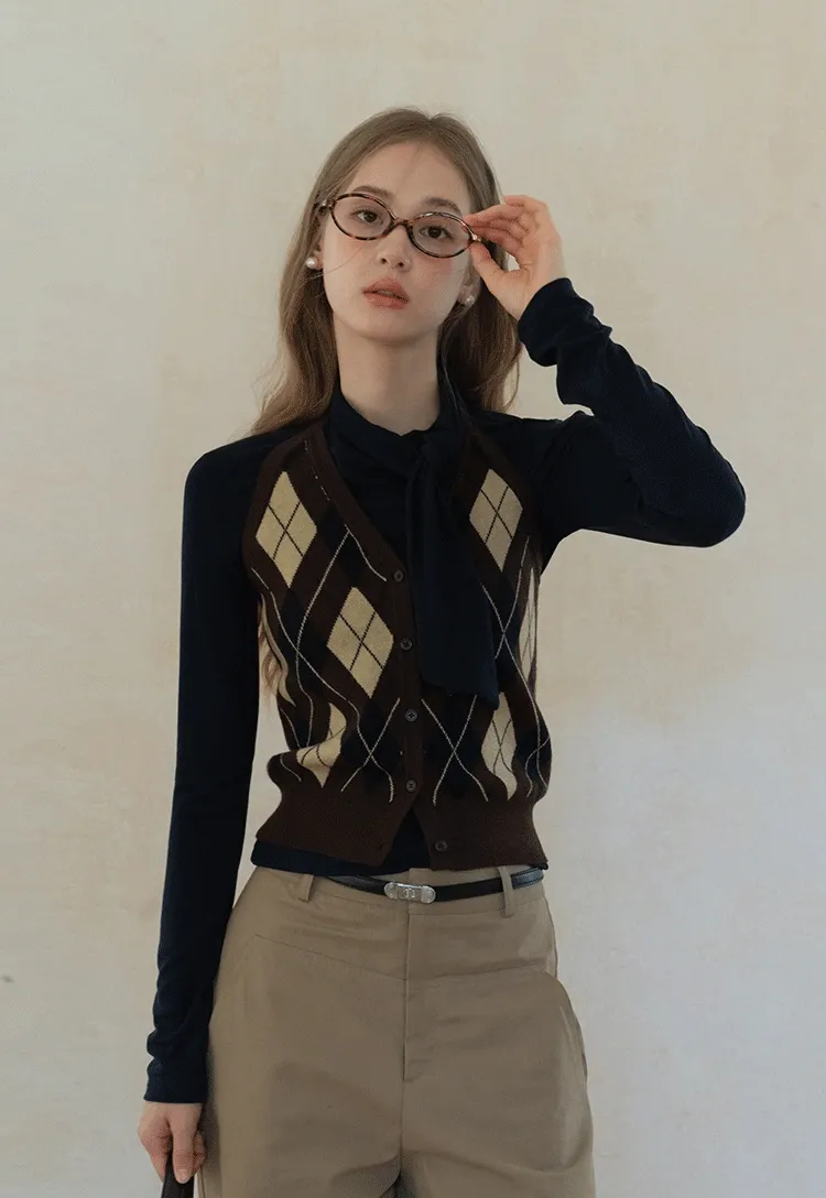 Womens Argyle Knit Button Down Cardigan Sweater