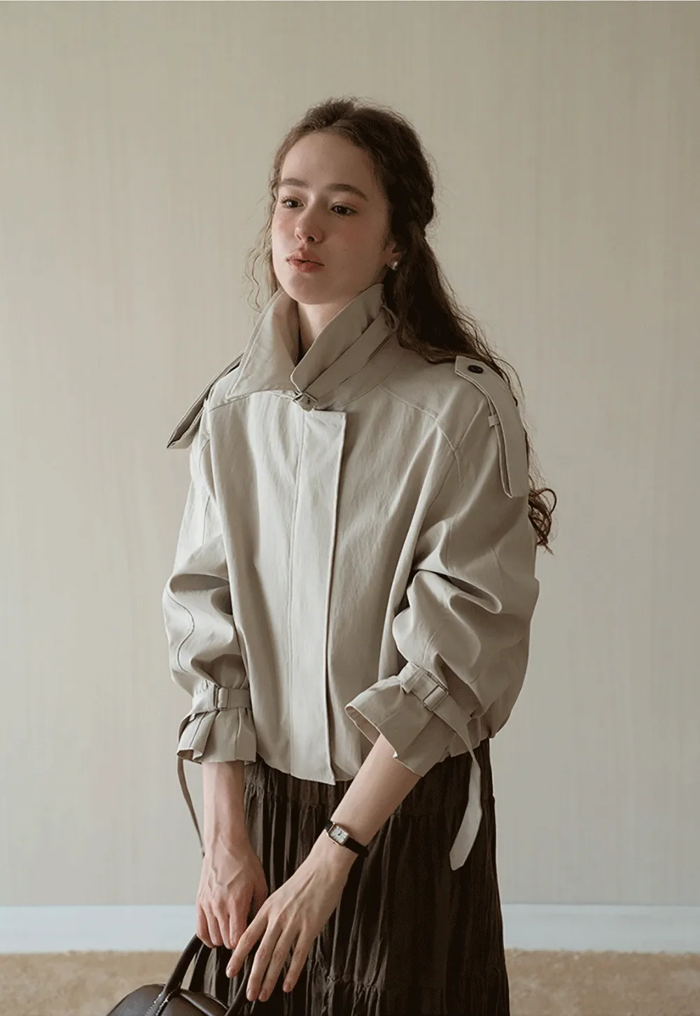 Womens Short Trench Coat Jacket with Belted Cuffs and Epaulets
