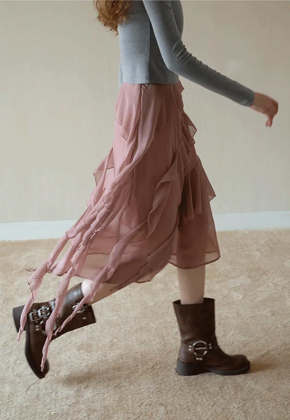 Womens Ruffle Layered Chiffon Midi Skirt