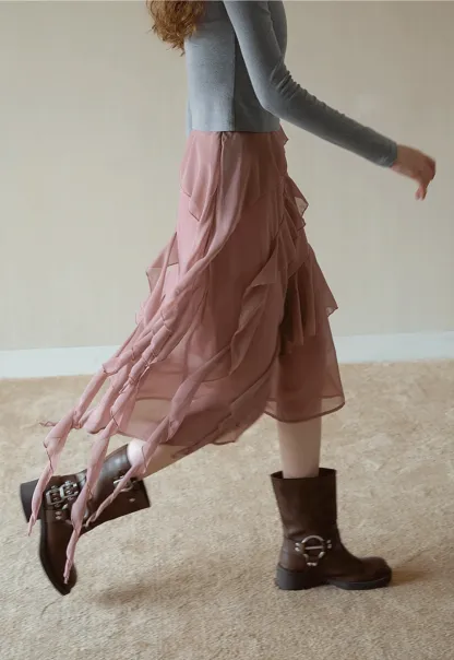 Womens Ruffle Layered Chiffon Midi Skirt