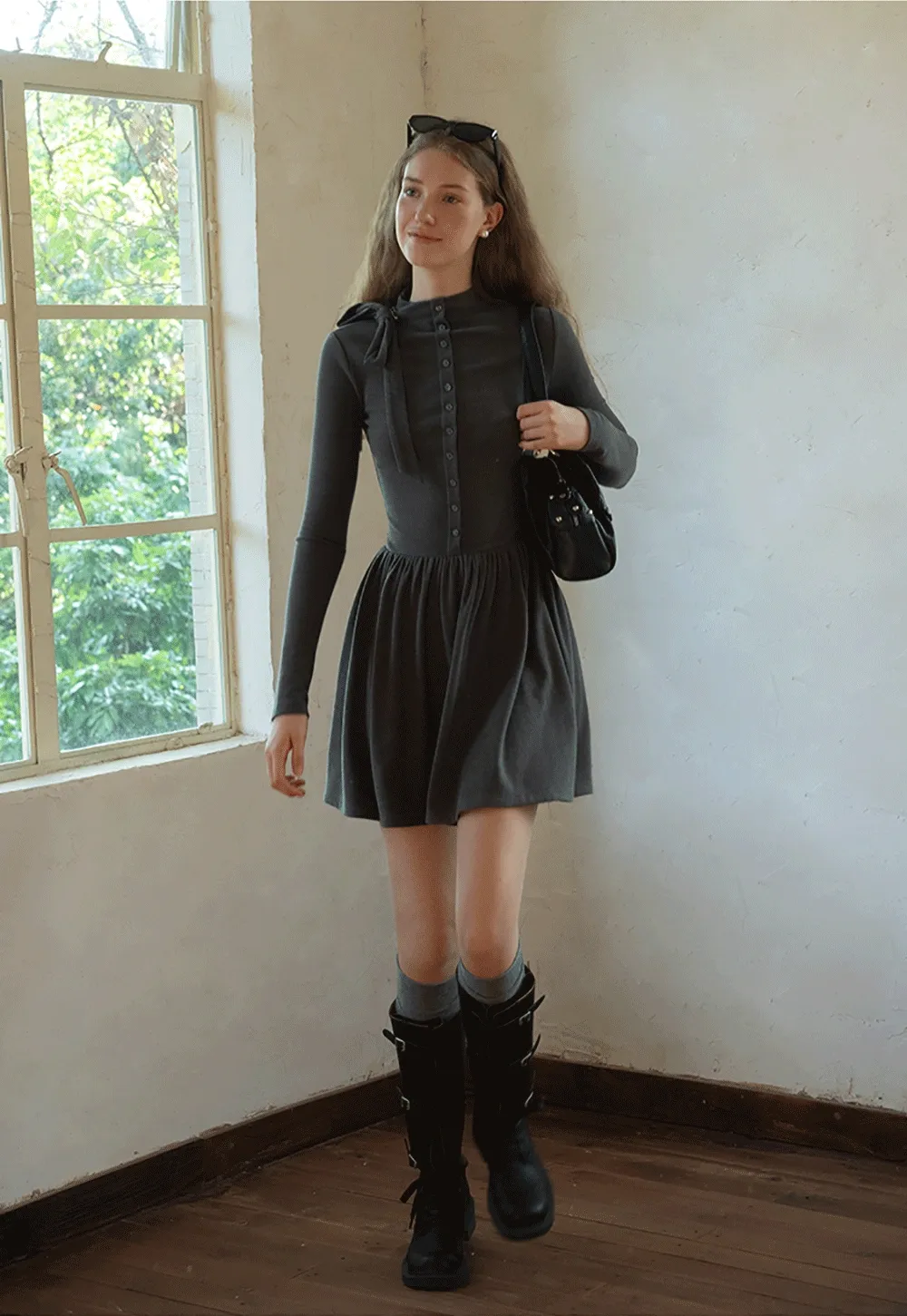 Long Sleeve Bow Tie Mini Dress