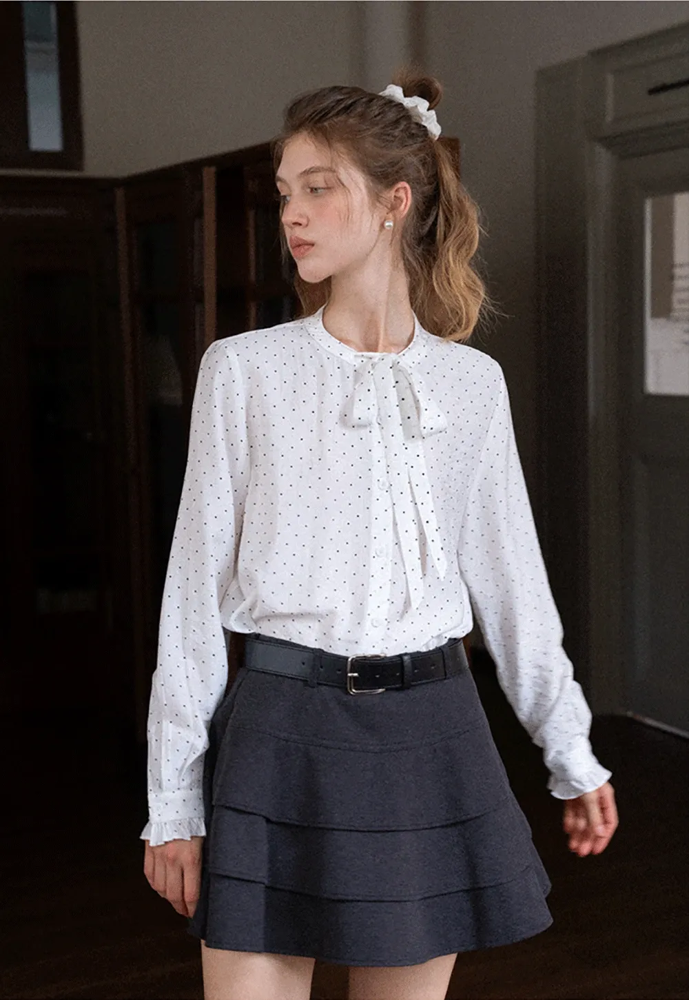 Womens Polka Dot Ruffle Trim Blouse with Bow Tie Neck