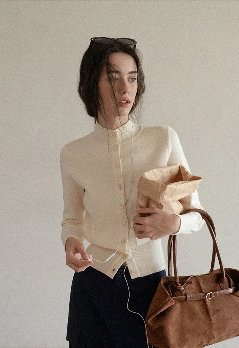 Mock Neck Button Up Knit Cardigan