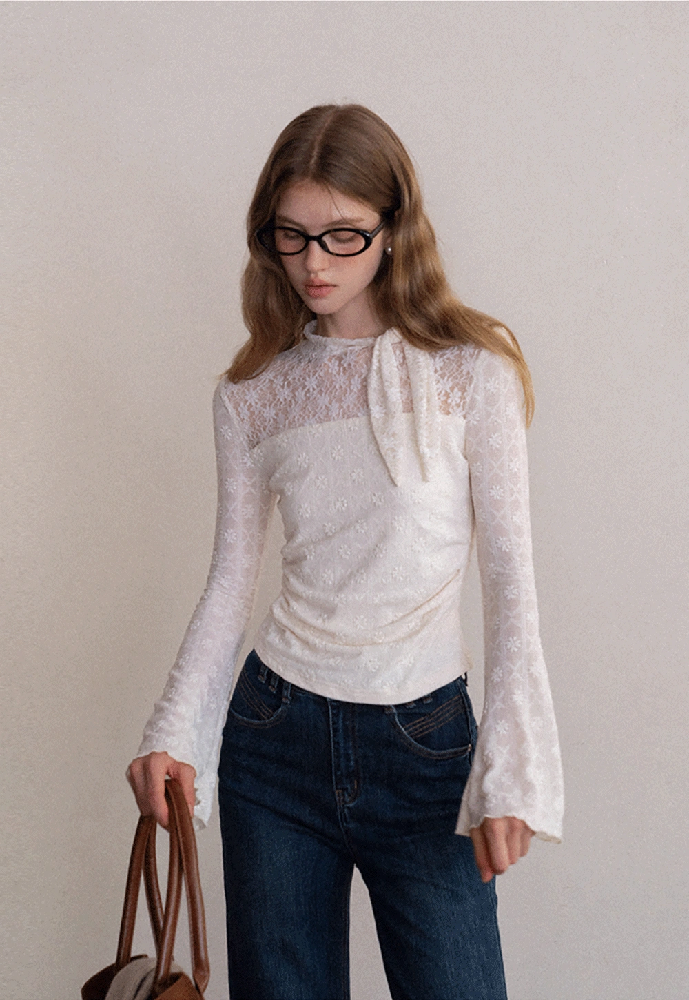 Lace Tie Neck Long Sleeve Blouse