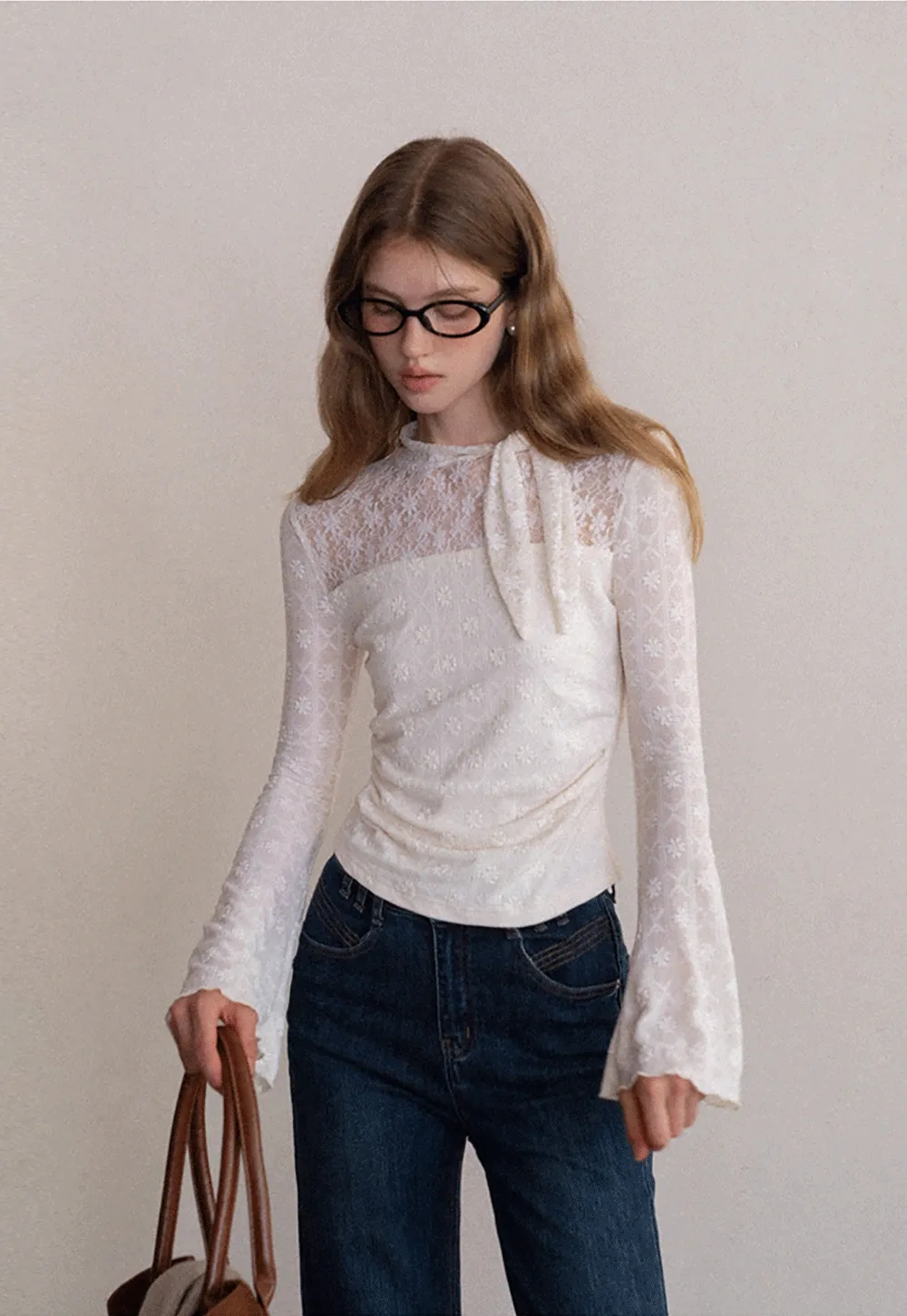 Lace Tie Neck Long Sleeve Blouse