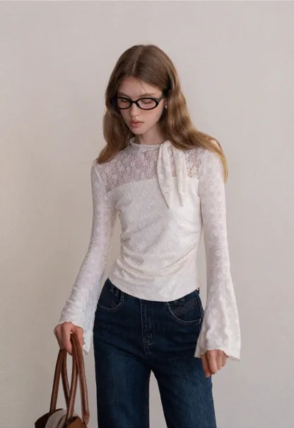 Lace Tie Neck Long Sleeve Blouse
