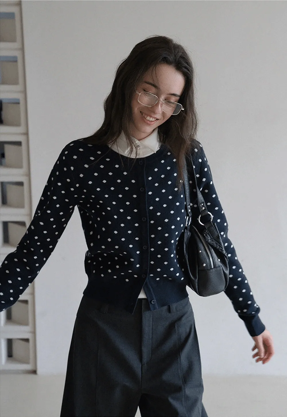Vintage-Inspired Polka Dot Knit Cardigan