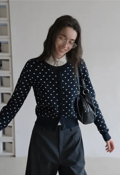 Vintage-Inspired Polka Dot Knit Cardigan