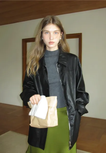 Womens Black Faux Leather Jacke