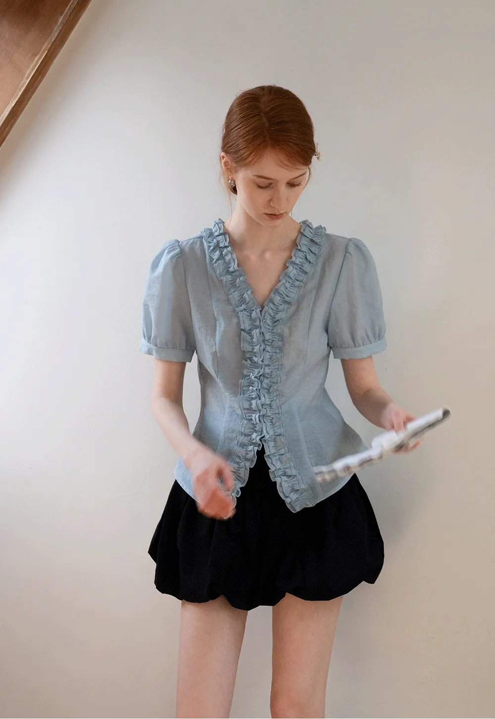 Women’s Ruffled V-neck Short Sleeve Blouse