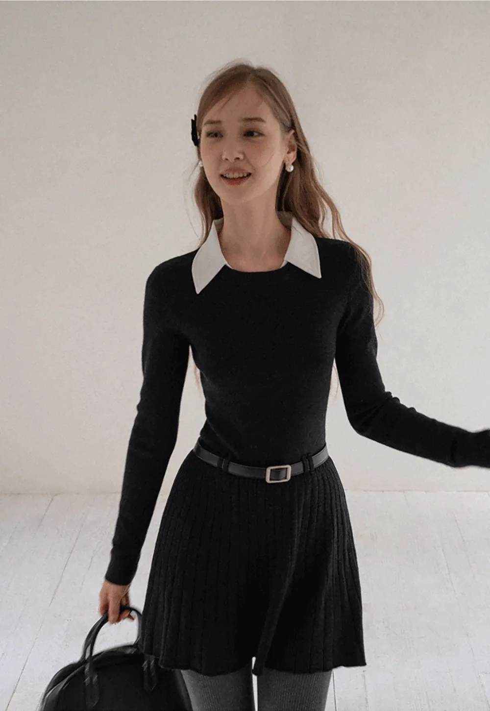 Women Black Sweater Dress with White Collar and Belt