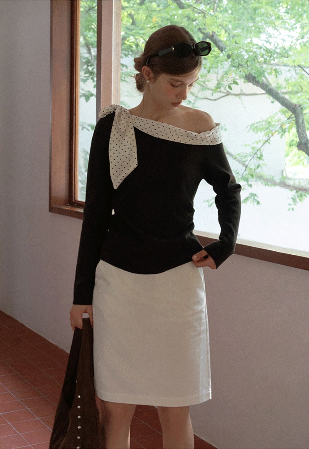 Womens Polka Dot Scarf Neck Long Sleeve Top