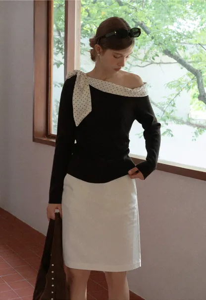 Womens Polka Dot Scarf Neck Long Sleeve Top