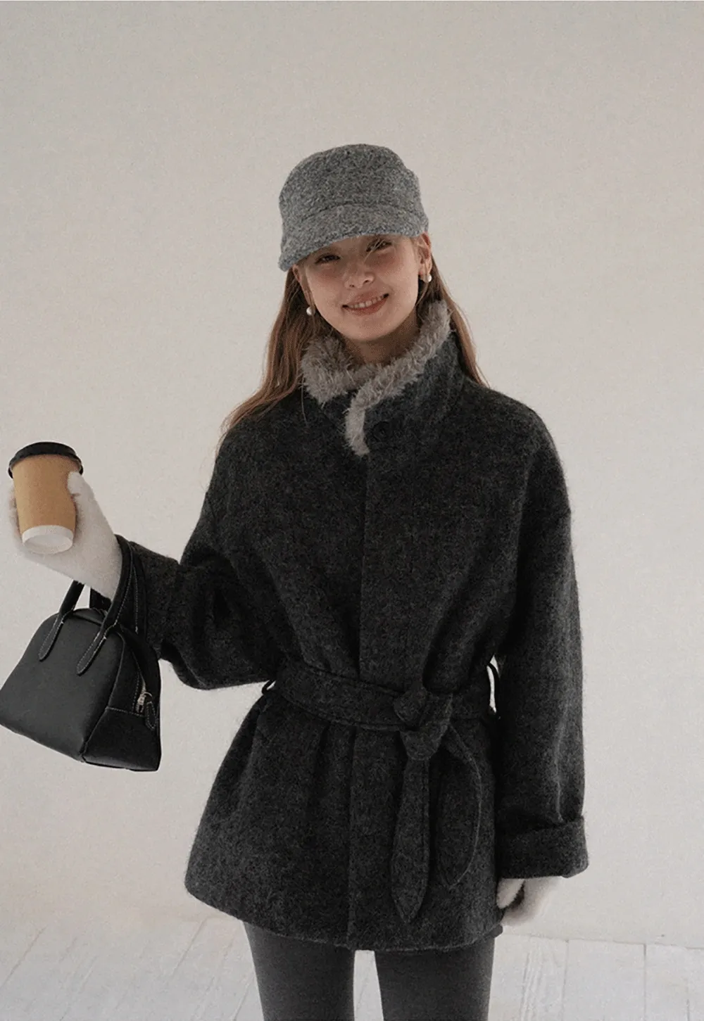 Women Cozy Faux Fur Lapel Wool Coat