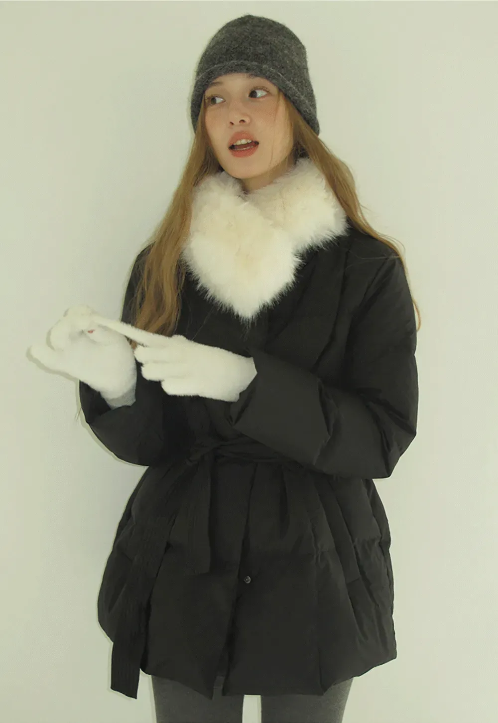 Belted Down Coat with Faux Fur Collar