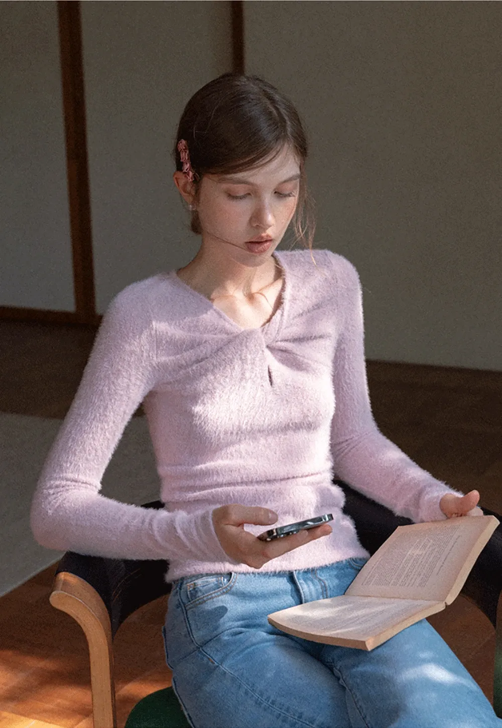 Women Soft Fluffy Knit Top Twist Front Long Sleeve