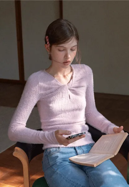 Women Soft Fluffy Knit Top Twist Front Long Sleeve