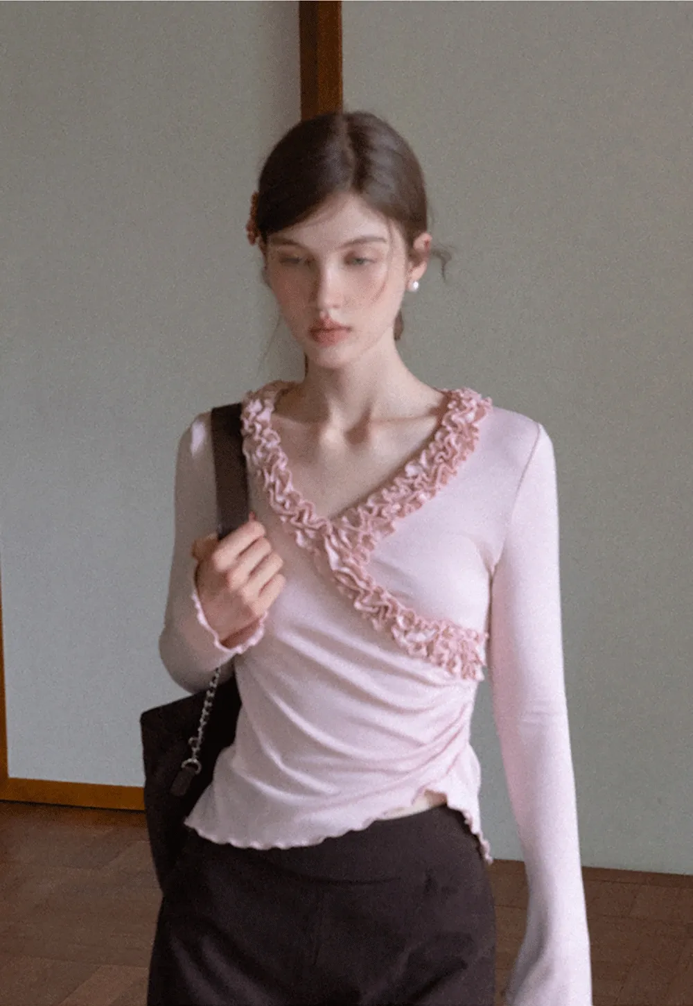 Ruffled V Neck Slim Fit Long Sleeve Tee