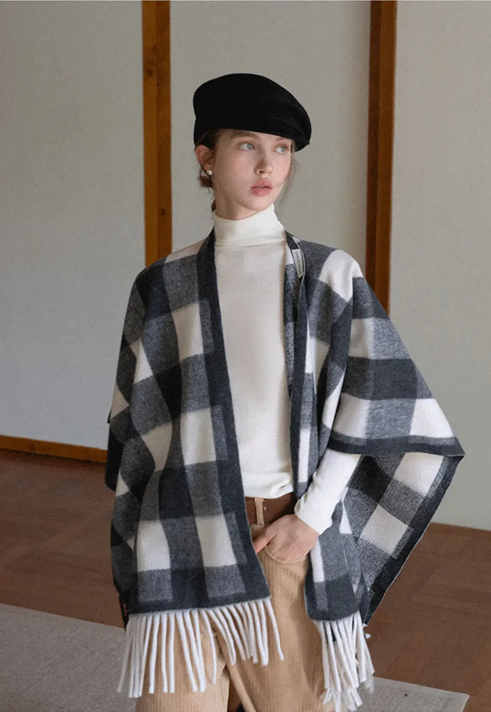 Checked Fringe Poncho