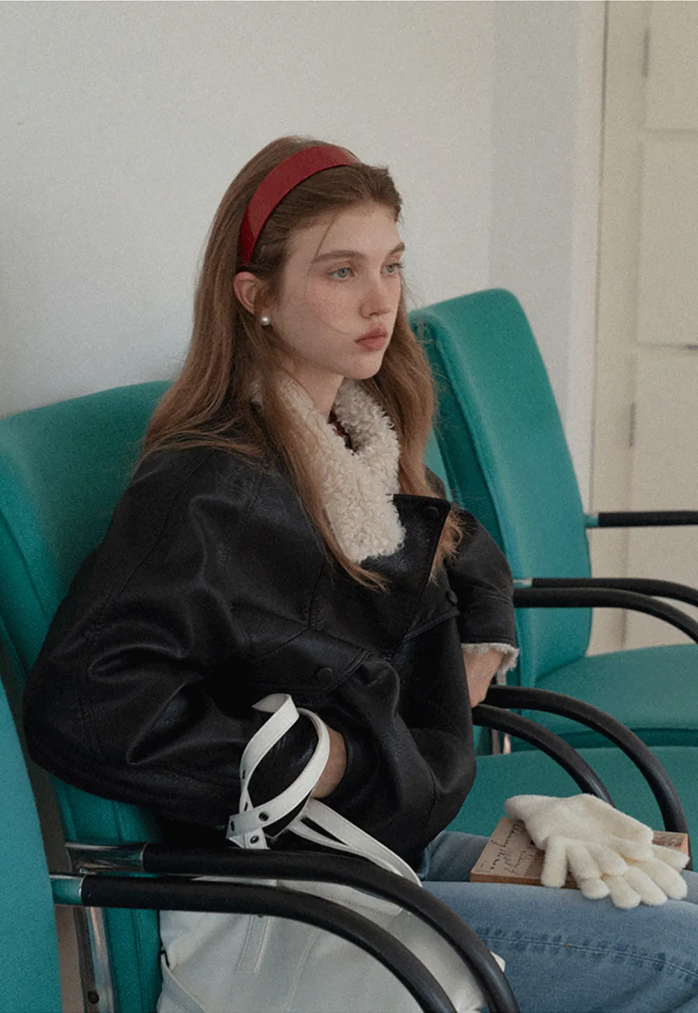 Faux Leather Jacket with Shearling Collar