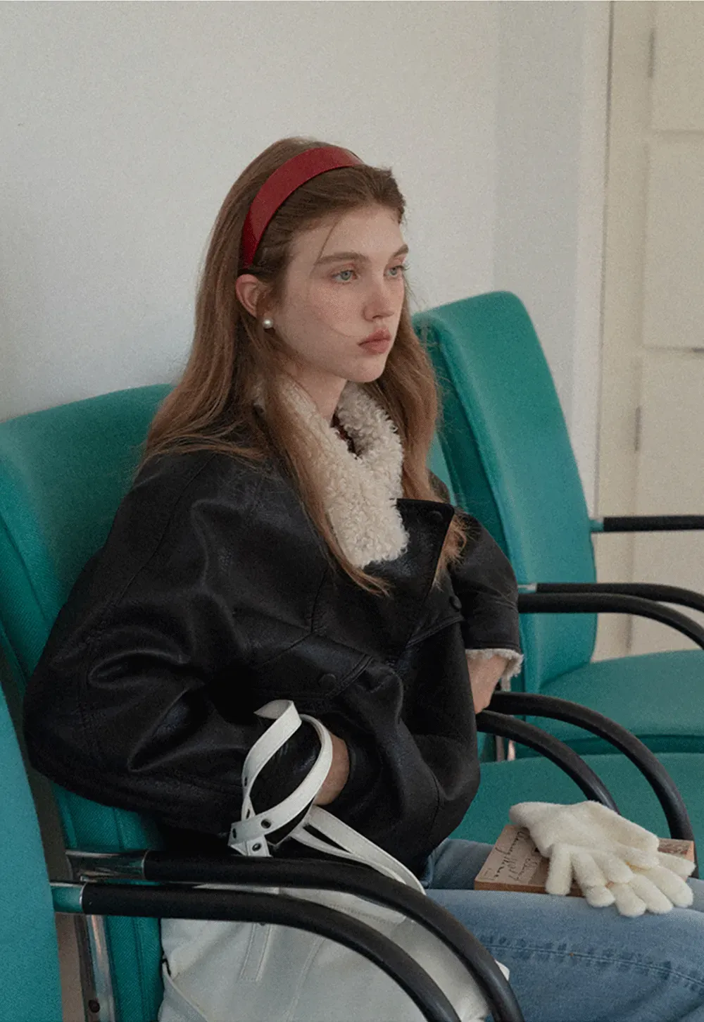 Faux Leather Jacket with Shearling Collar