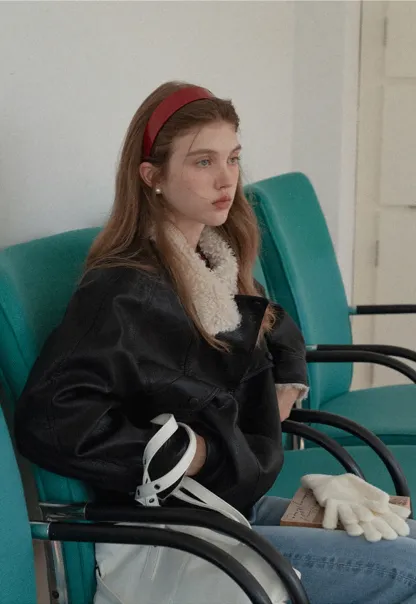 Faux Leather Jacket with Shearling Collar