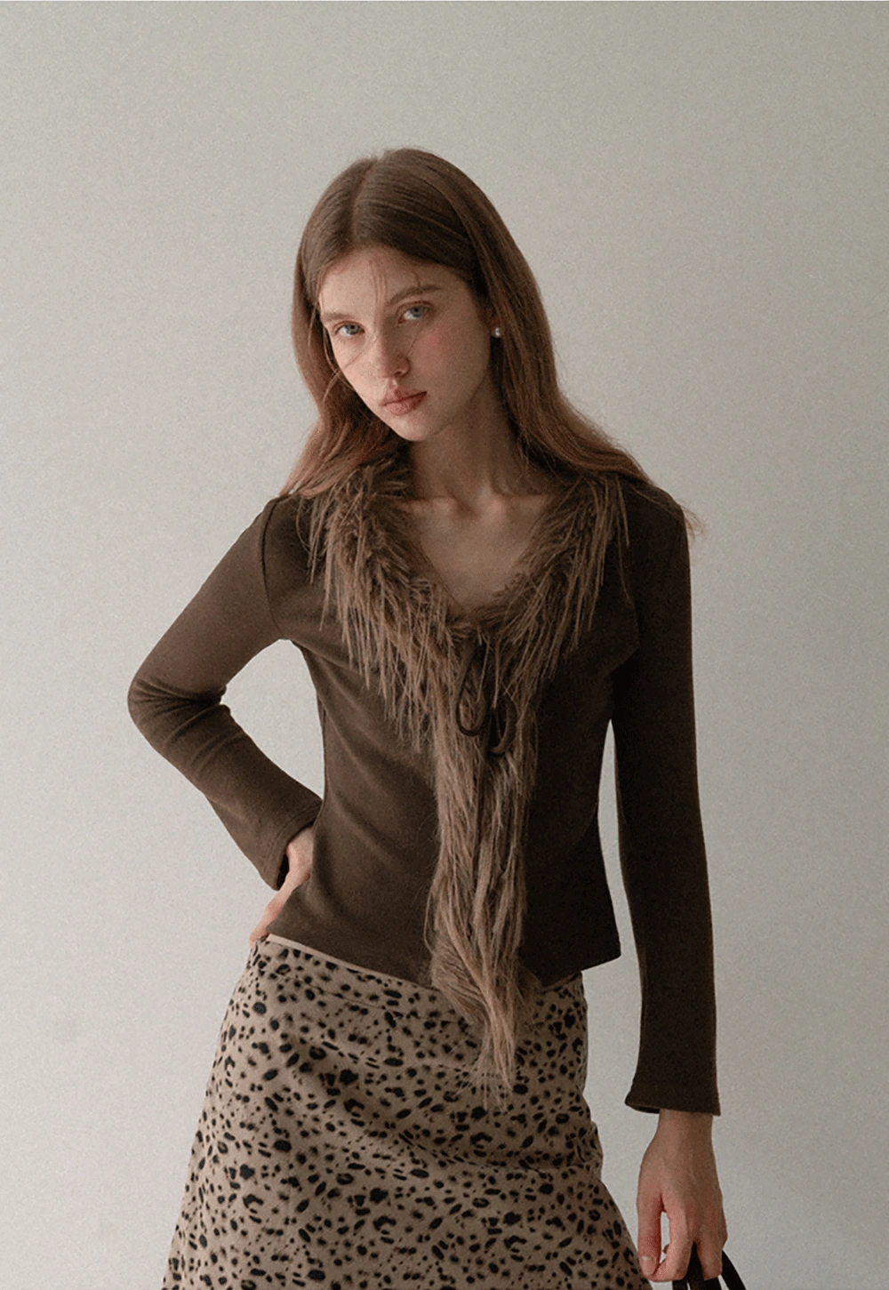 Women Faux Fur Collar Long Sleeve Knit Top