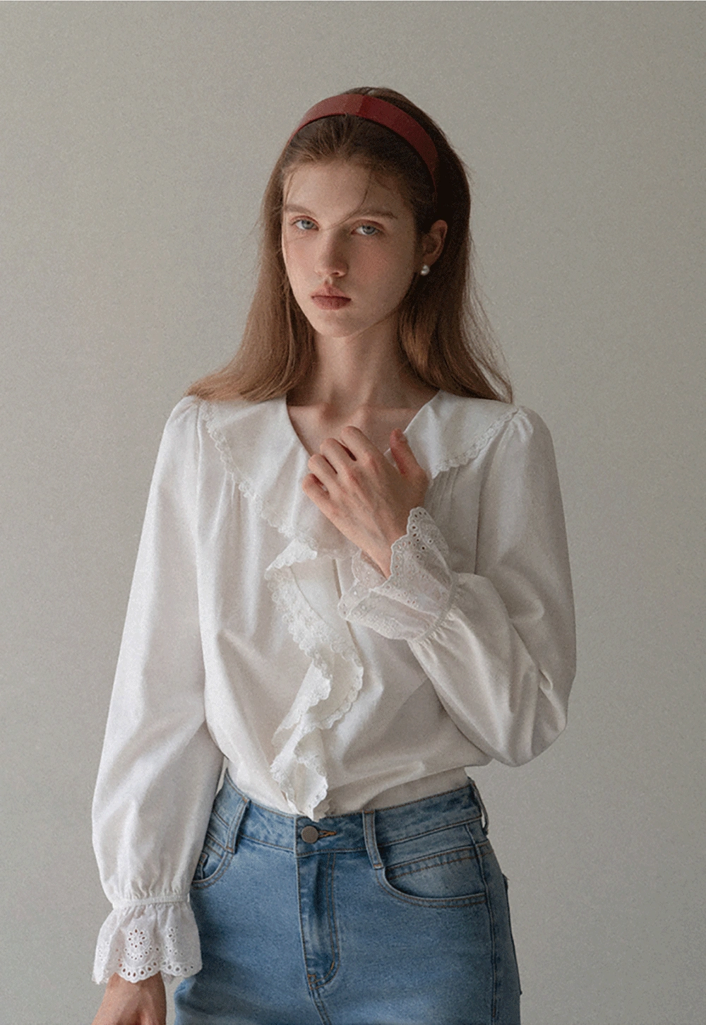 Women Ruffle Lace V Neck Long Sleeve Blouse