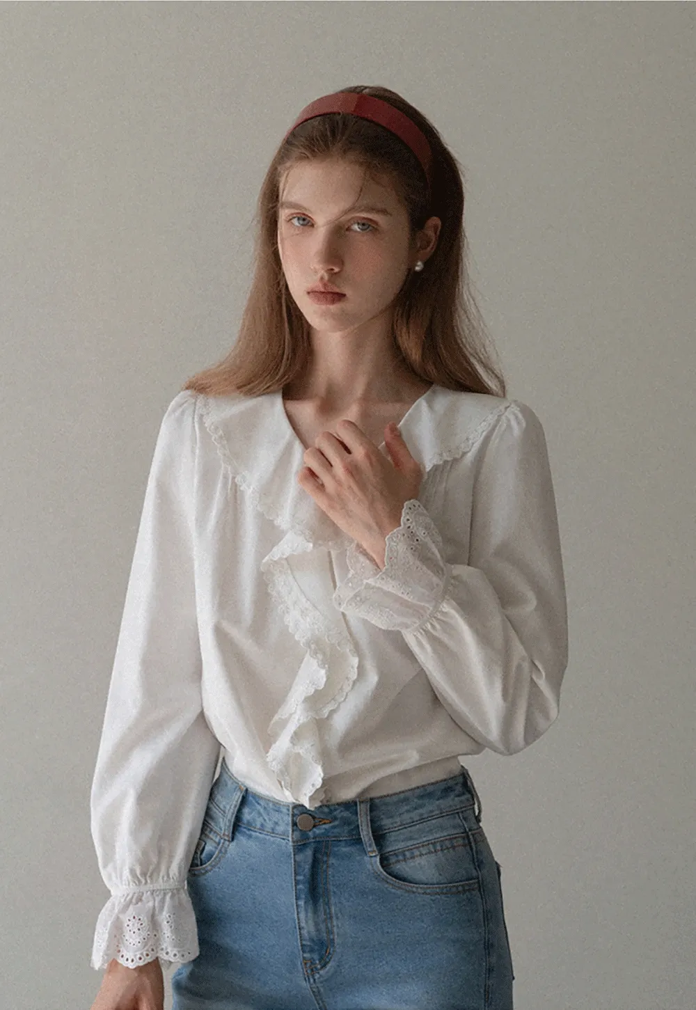 Women Ruffle Lace V Neck Long Sleeve Blouse