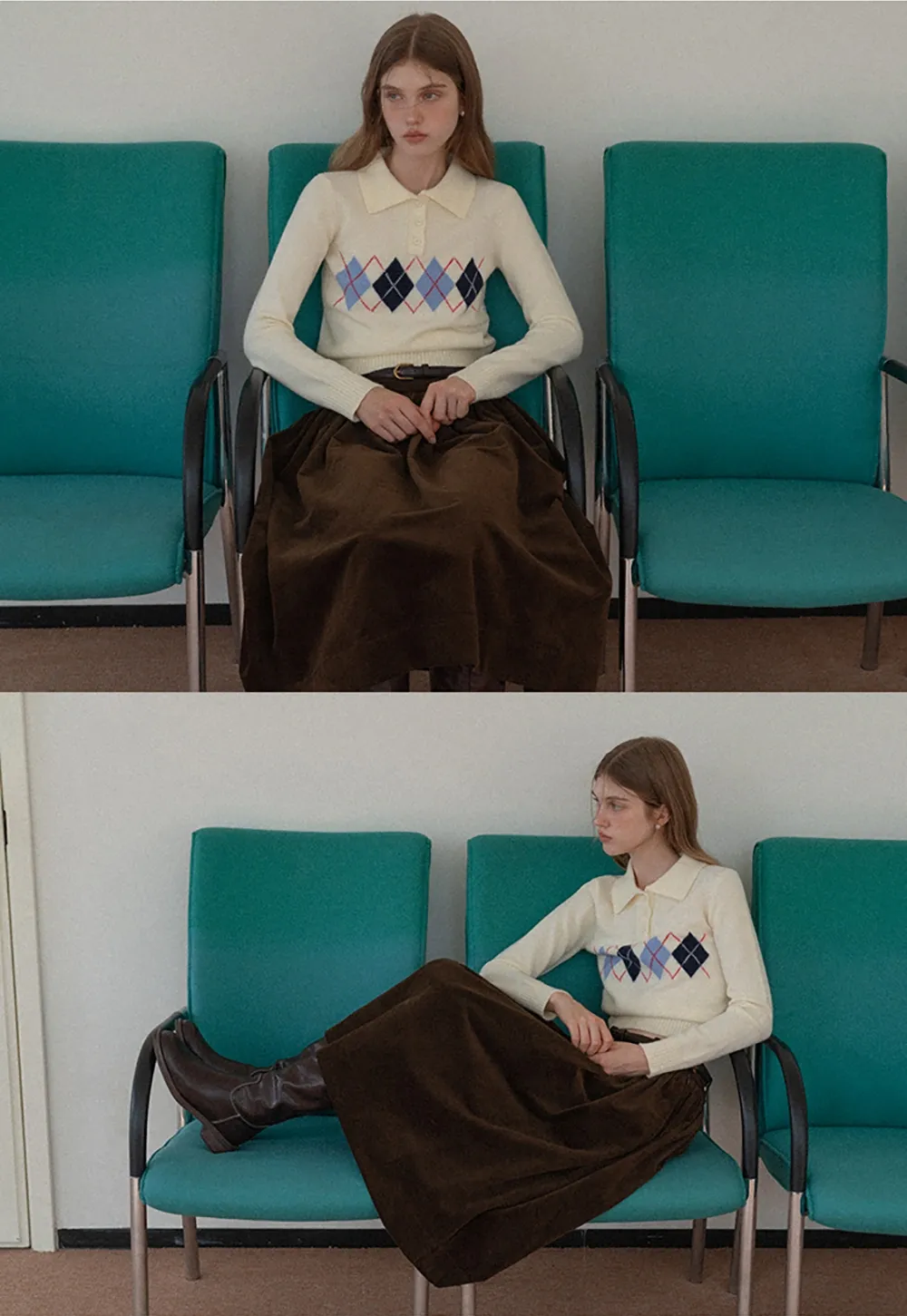 Women Argyle Knit Sweater Collared Long Sleeve Top