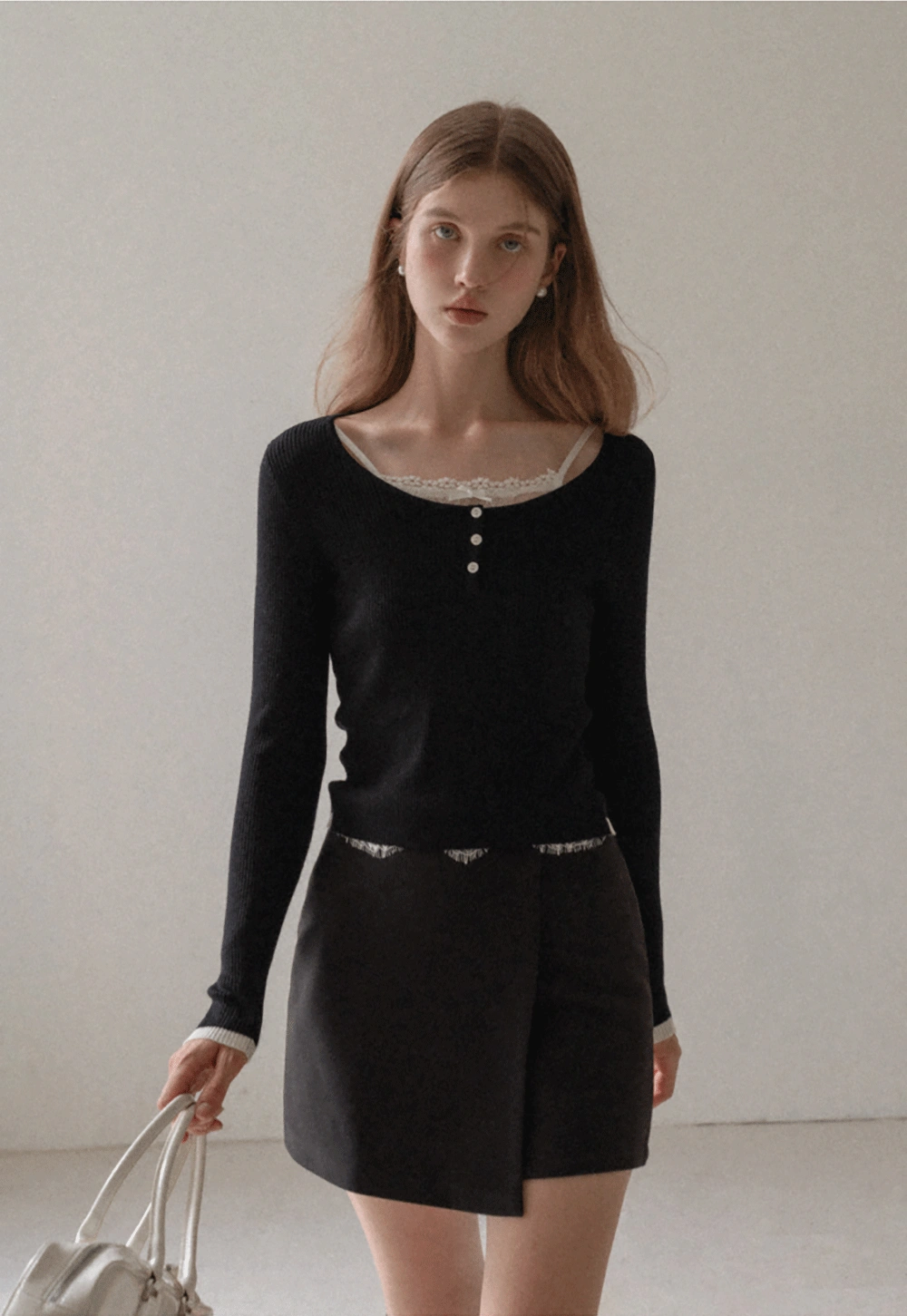 Women Lace Trim Knit Top Long Sleeve Elegant Style