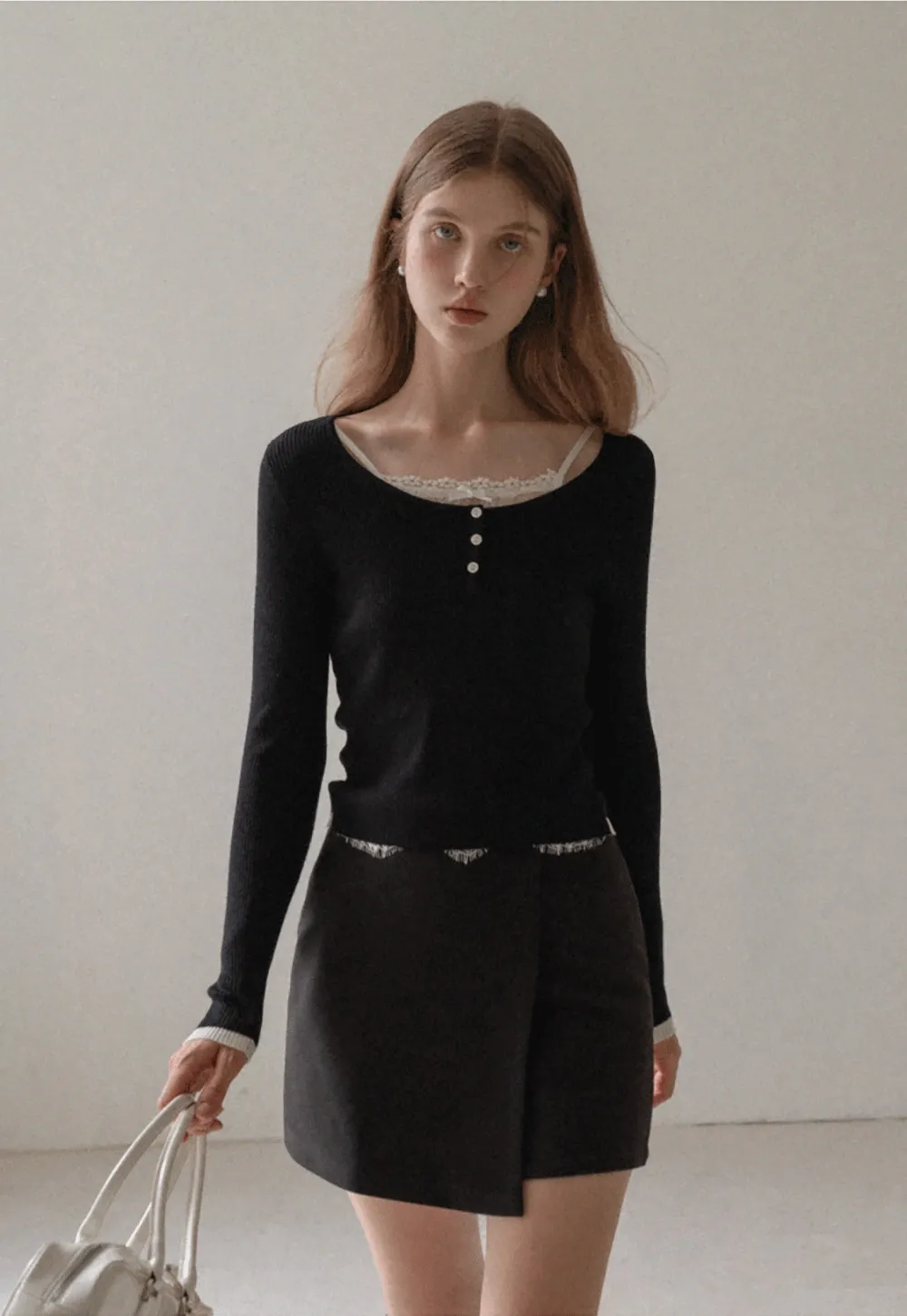 Women Lace Trim Knit Top Long Sleeve Elegant Style