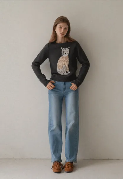 Women Cat Pattern Knit Sweater Cute Pullover Top