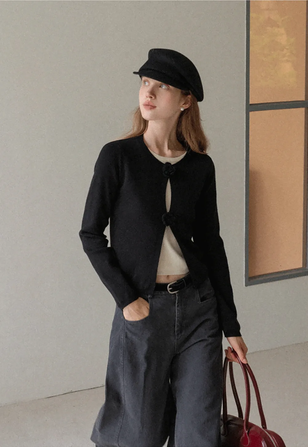 Women Knit Cardigan with Flower Button Vintage Style