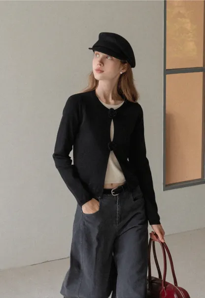 Women Knit Cardigan with Flower Button Vintage Style