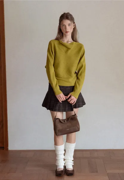 Ribbed Boat Neck Knit Sweater