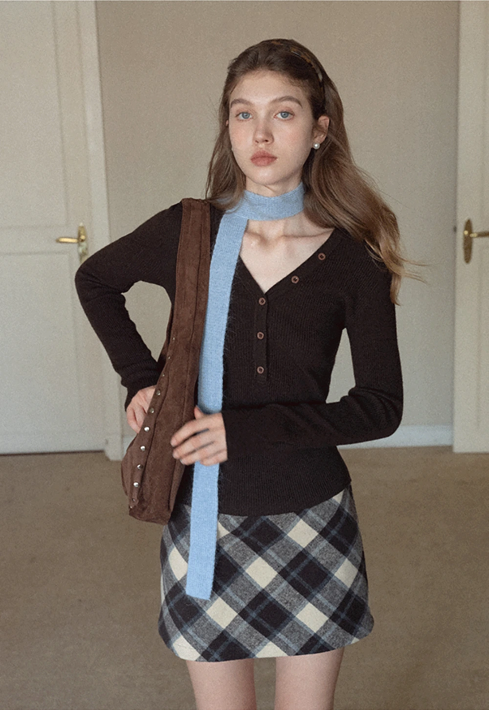 Womens Ribbed Long Sleeve V-Neck Button Top