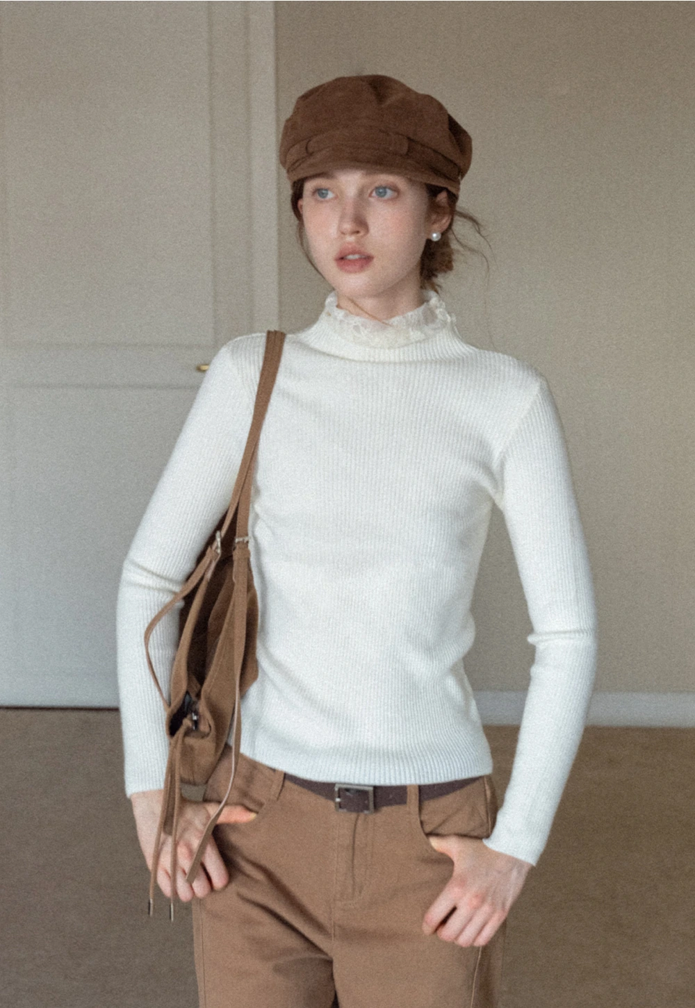 Womens Ribbed Mock Neck Top with Lace Buttons