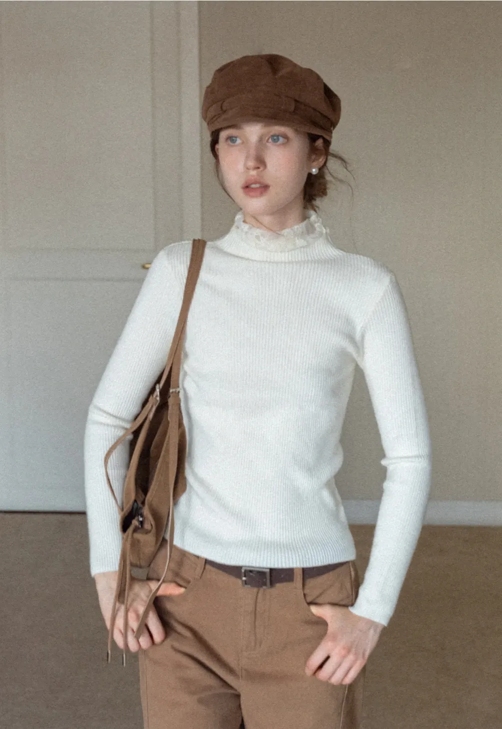 Womens Ribbed Mock Neck Top with Lace Buttons