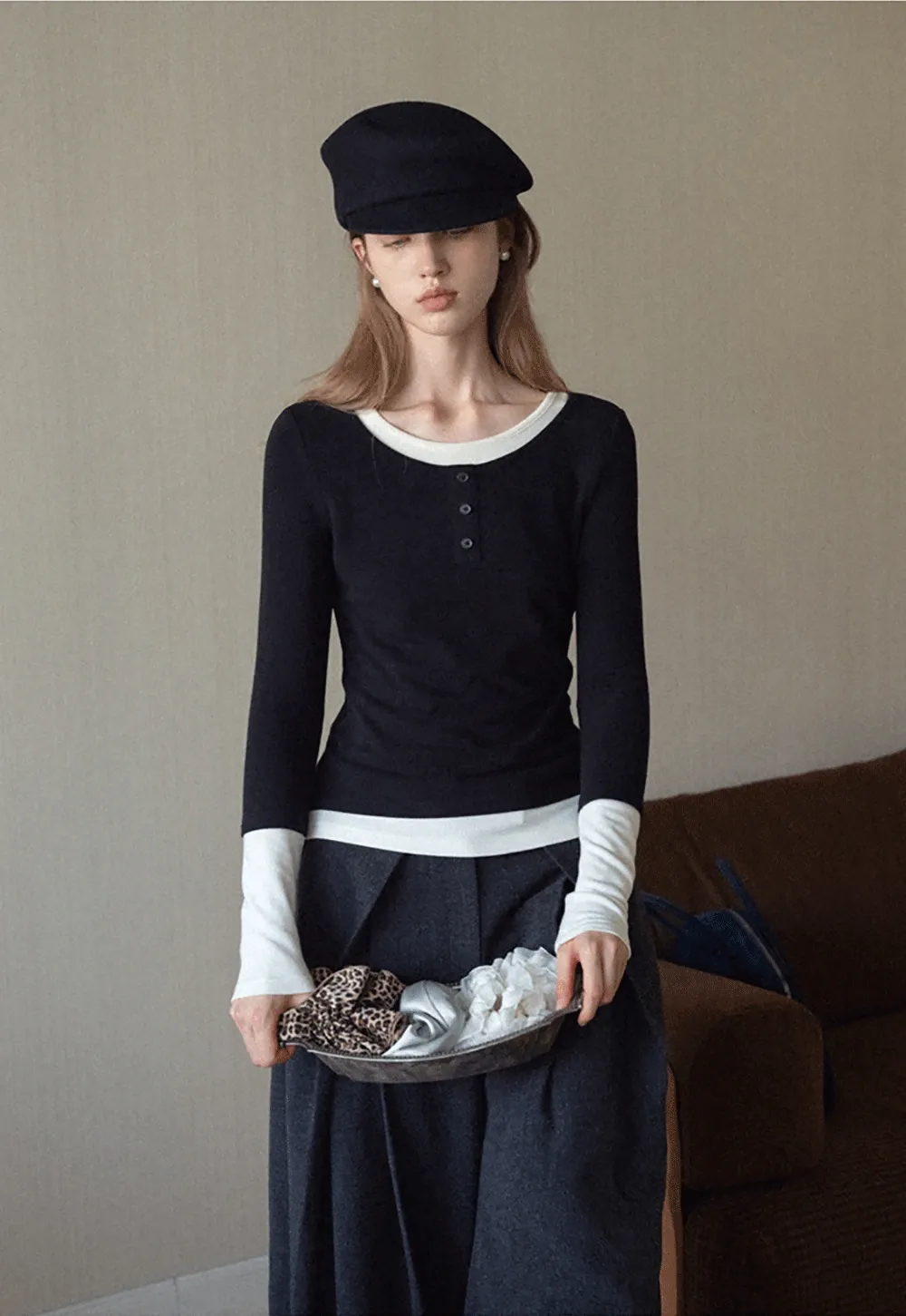 Womens Colorblock Long Sleeve Henley Top